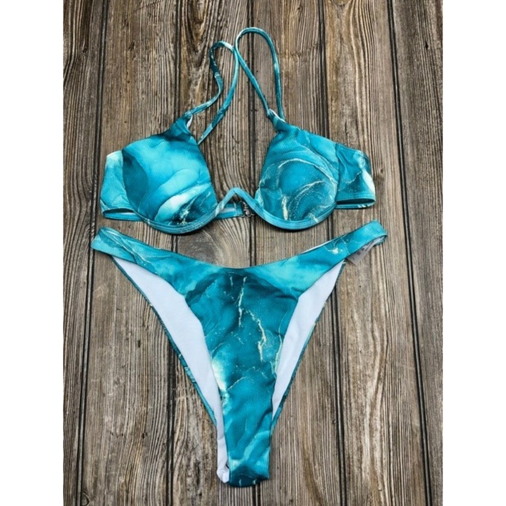 Teal Marble Print Underwire Bikini Set High Cut Leg Two Piece Swimsuit Large